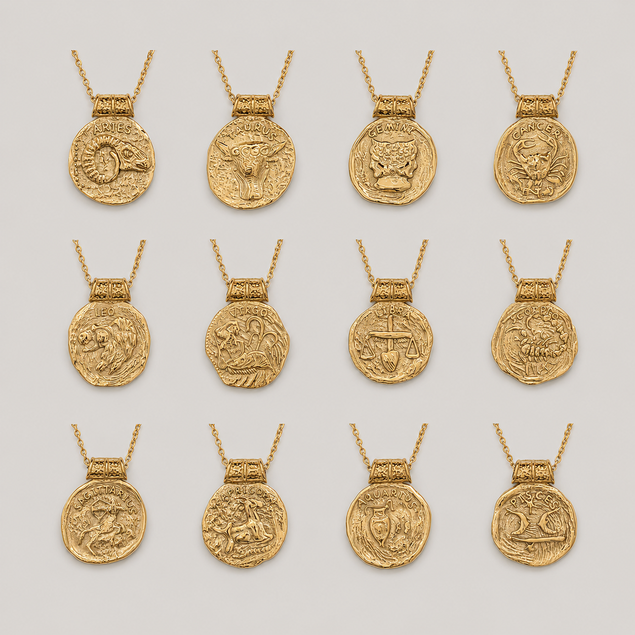Gold necklaces with coin pendants on a light gray background