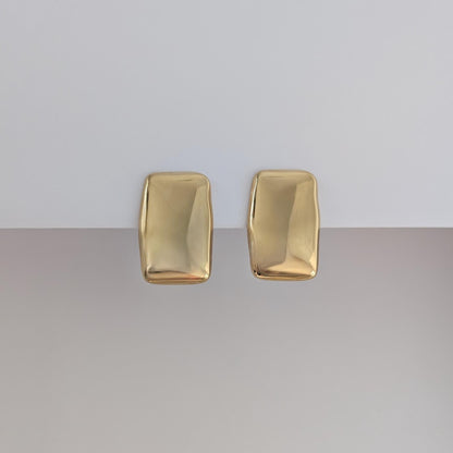 Front view of gold chunky rectangle stud earrings—18k plated, 1.98 × 3.07 cm, mirror‑polish finish.
