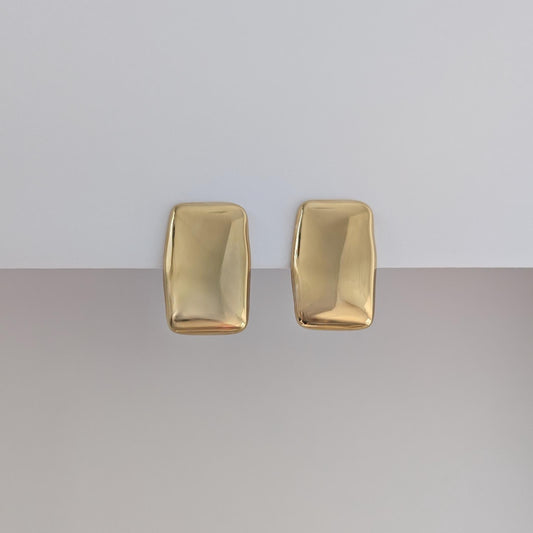 Front view of gold chunky rectangle stud earrings—18k plated, 1.98 × 3.07 cm, mirror‑polish finish.
