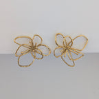 Front view of gold orchid statement earrings—18k plated, 4 × 4.21 cm sculptural floral studs.