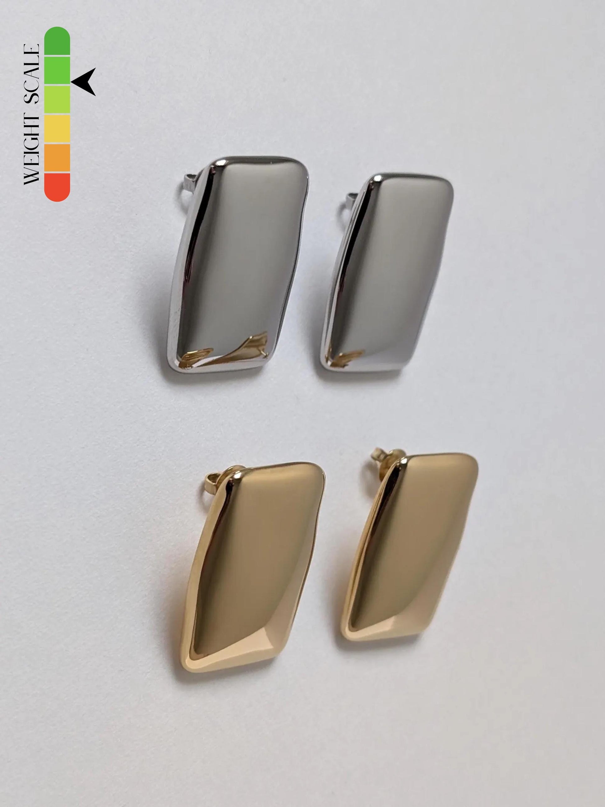 Side view comparison of gold and silver chunky rectangle stud earrings showing 5 mm depth and mirror‑polished finish.