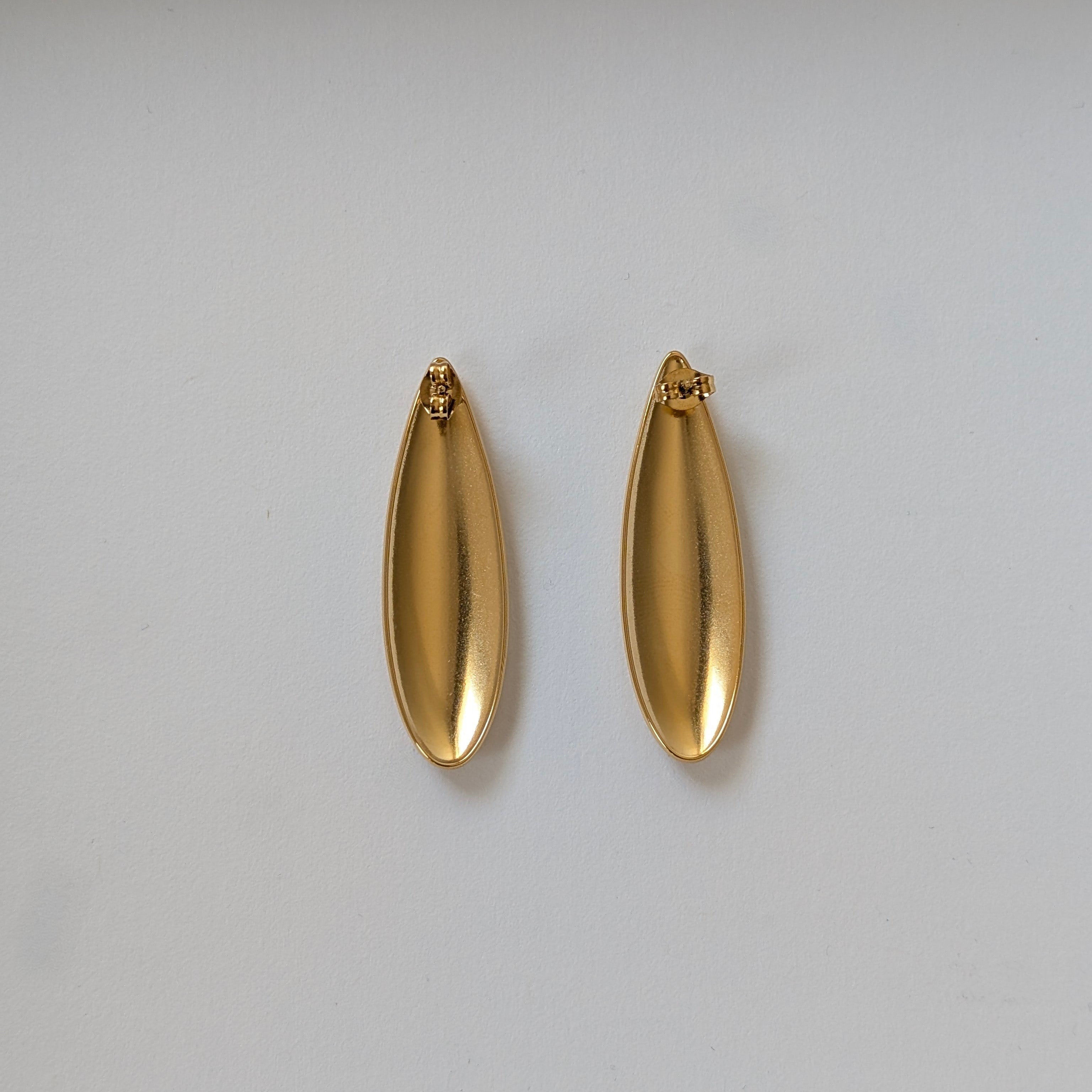 Back view with hypoallergenic 316L steel post and secure butterfly clasp on gold teardrop earrings.