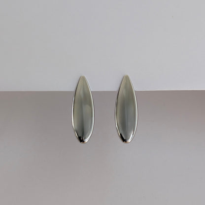 Front view of silver teardrop statement earrings—high‑shine 316 L stainless steel, 1.42 × 4.53 cm.